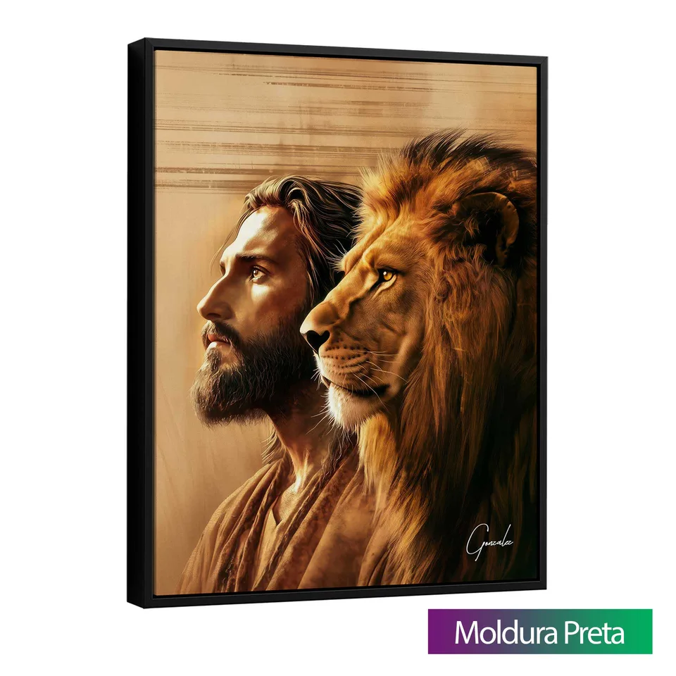 Quadro A Conexão de Cristo e do Leão de Judá com moldura de filete preta