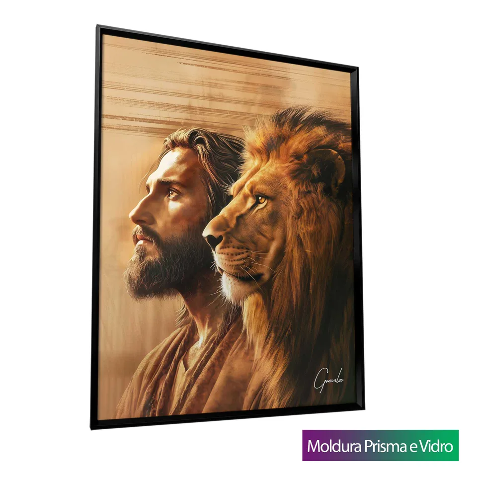 Quadro A Conexão de Cristo e do Leão de Judá com moldura Prisma e vidro