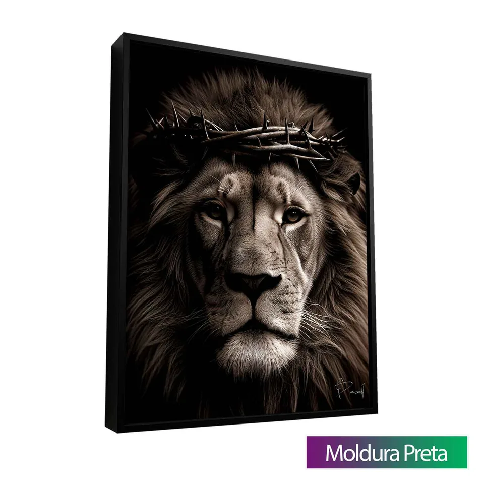 Quadro A Grandeza do Leão de Judá com moldura de filete preta