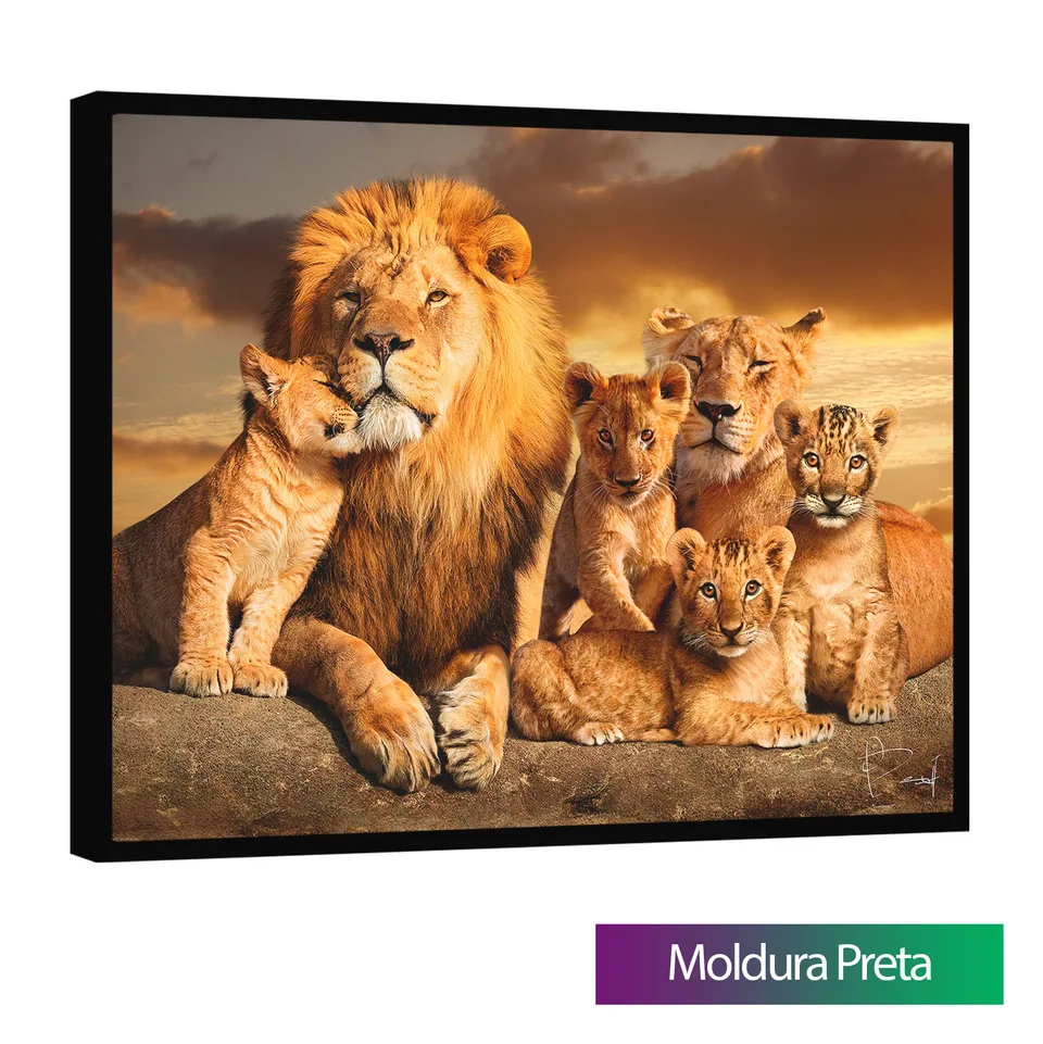 Quadro A Linhagem do Leão com 4 Filhotes com moldura de filete preta