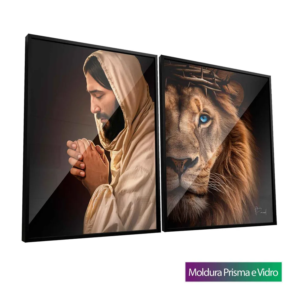 Quadro A Majestade e o Leão de Judá 2 peças com moldura Prisma e vidro