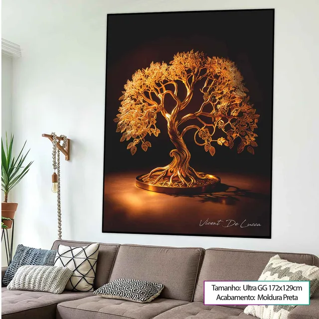 Quadro Árvore da Vida de Ouro acima de sofá cinza em parede clara