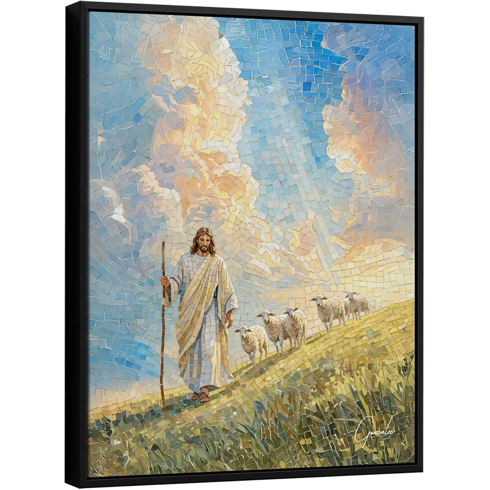 quadro pastor celestial — Cristo guiando rebanho em composição mosaico com céu luminoso — arte do artista Gonzalez