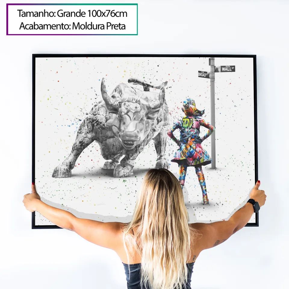 Quadro decorativo com touro de Wall Street e menina olhando para ele. Menina destemida grafite craig