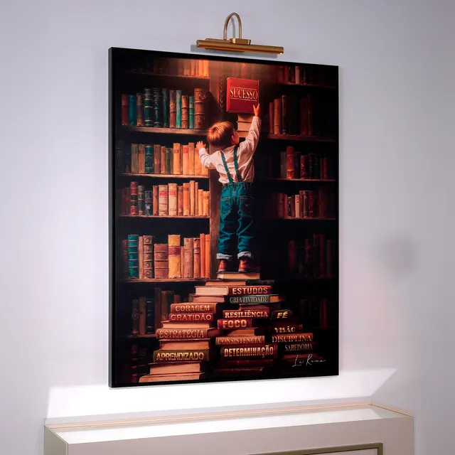 Quadro Crescendo com Sucesso em parede escura com luminária de quadro