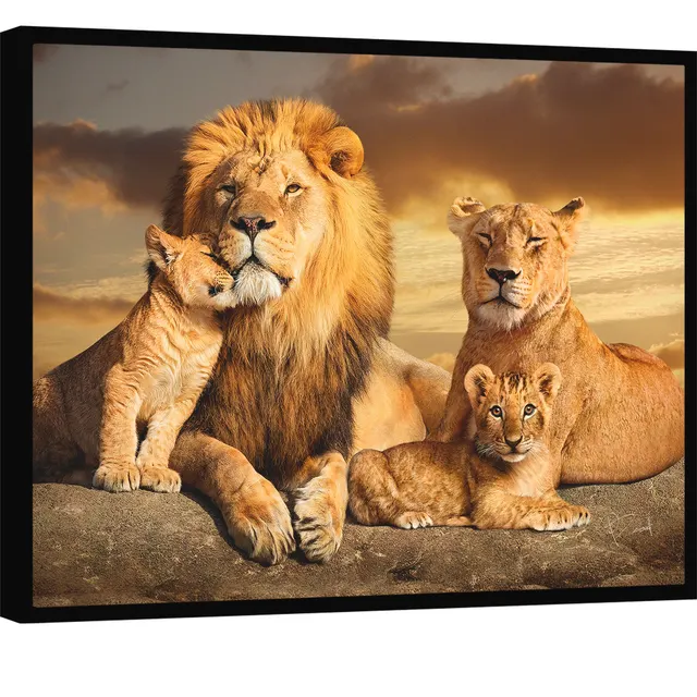 Quadro As Raízes do Leão. Família de leões em cima de uma rocha, arte para salas de estar ou quartos