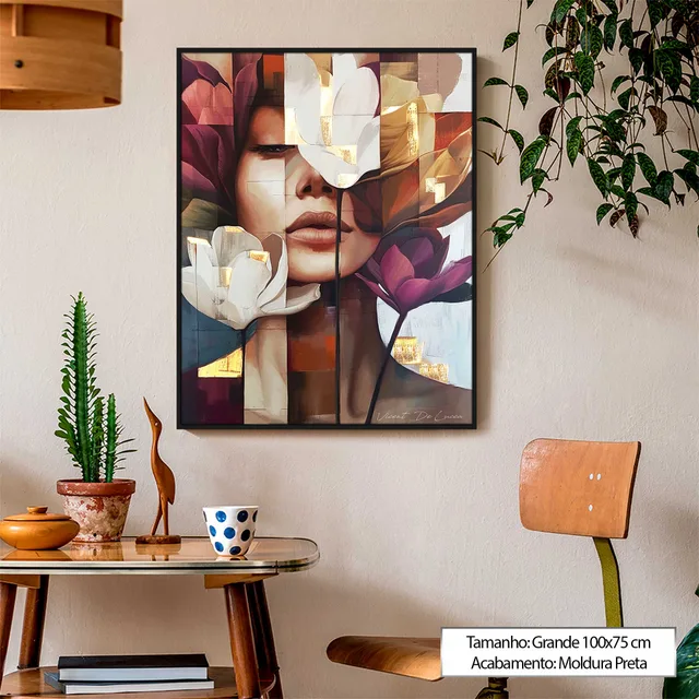 Quadro Florescer da Beleza acima de aparador com poltrona