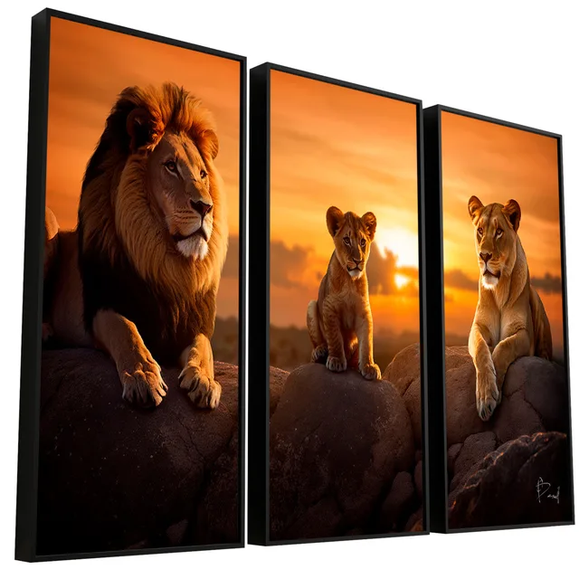 Quadro Família de Leões 3 Peças. Leão, leoa e filhote no por do sol, arte para sala