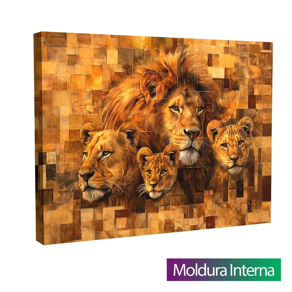 Quadro Família de Leão Grid Art — Moldura Interna, Médio 64x48