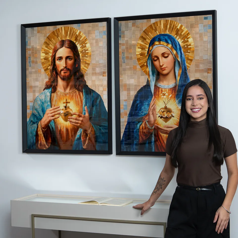 quadro amor de jesus e maria 2 peças — perspectiva detalhes corações em relevo