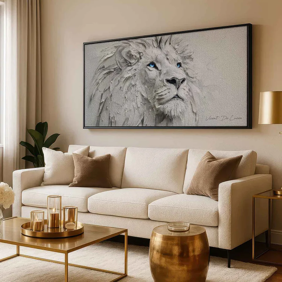 leao branco realeza ouro — harmonização em ambiente sofisticado com detalhes em ouro