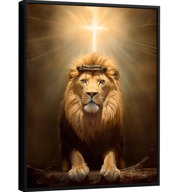 Quadro Leão de Judá e a Luz Divina. Leão imponente com a cruz de Jesus Cristo acima
