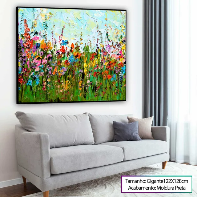 Quadro Abstrato Flores acima de sofá cinza claro