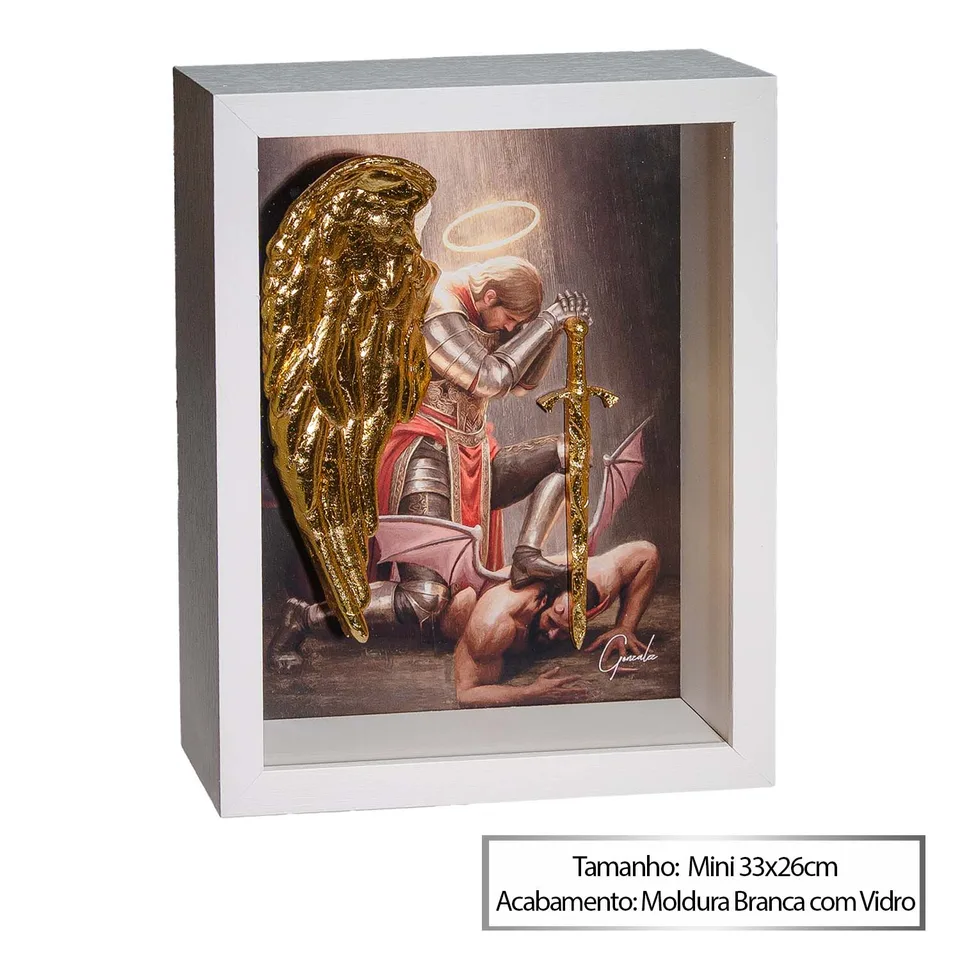 São Miguel Arcanjo Guerreiro — Moldura Branca com Vidro, Mini 33x26cm