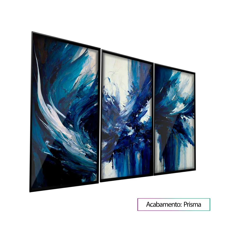 Quadro Abstrato A Fúria do Mar 3 peças com moldura Prisma e vidro