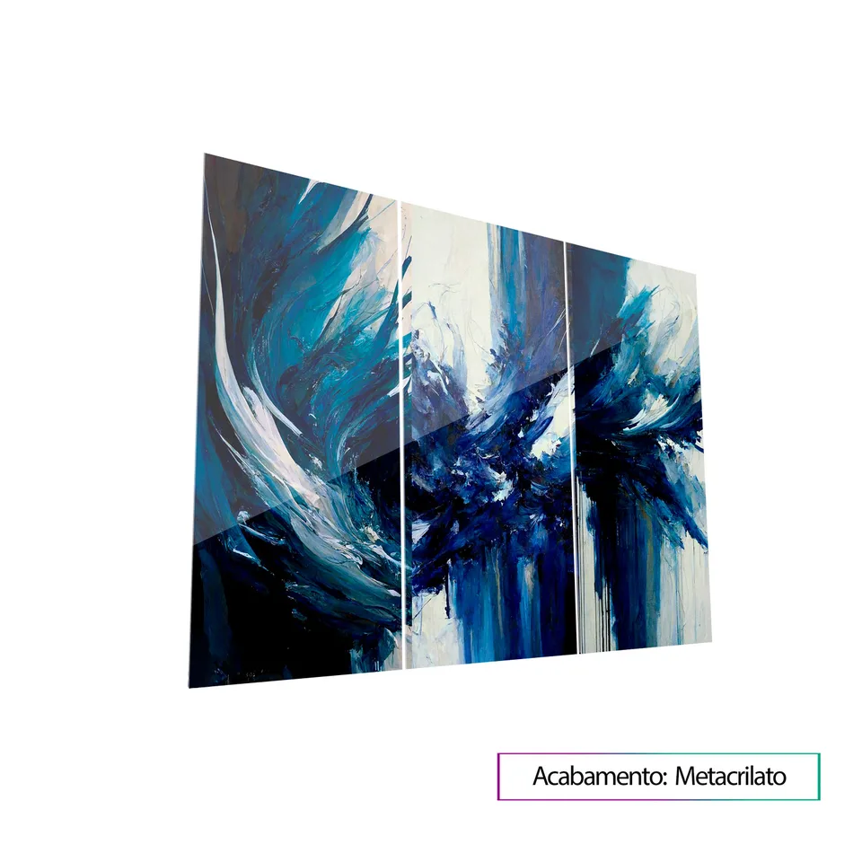 Quadro Abstrato A Fúria do Mar 3 peças com acabamento em metacrilato