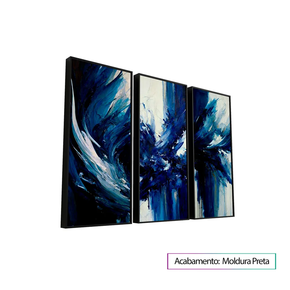 Quadro Abstrato A Fúria do Mar 3 peças com moldura de filete preta