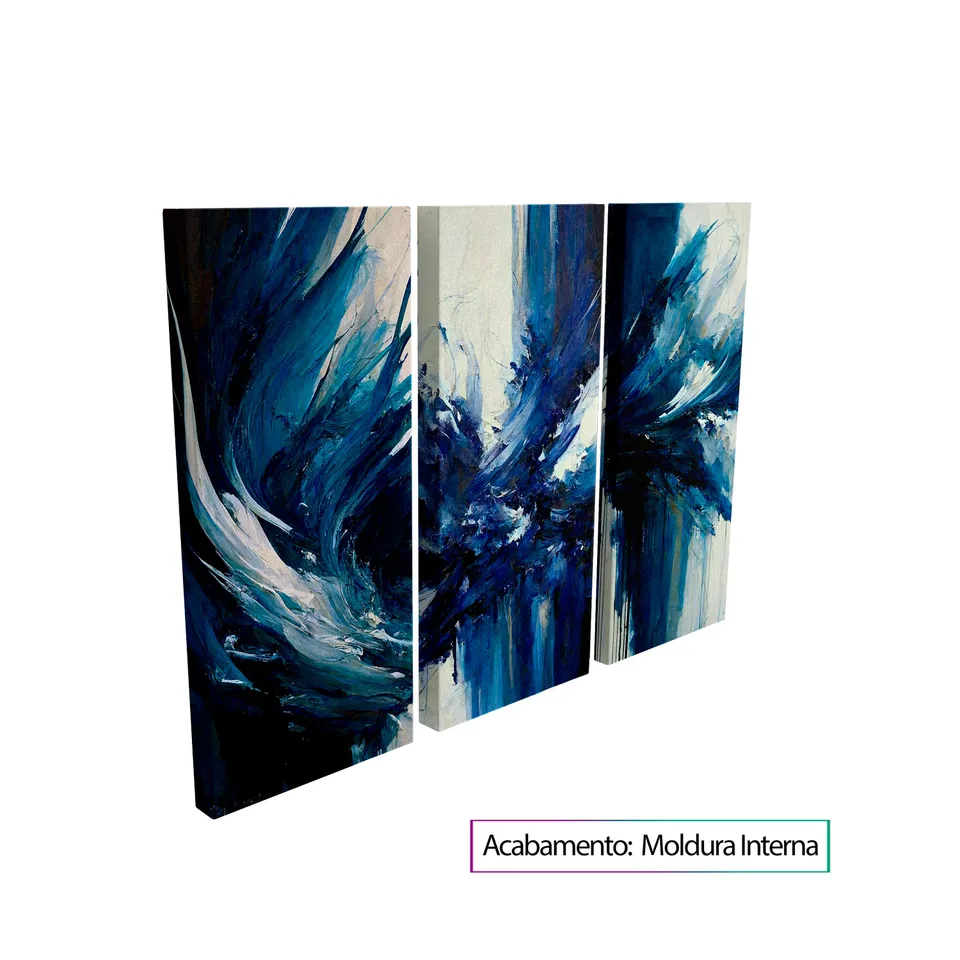 Quadro Abstrato A Fúria do Mar 3 peças com moldura interna