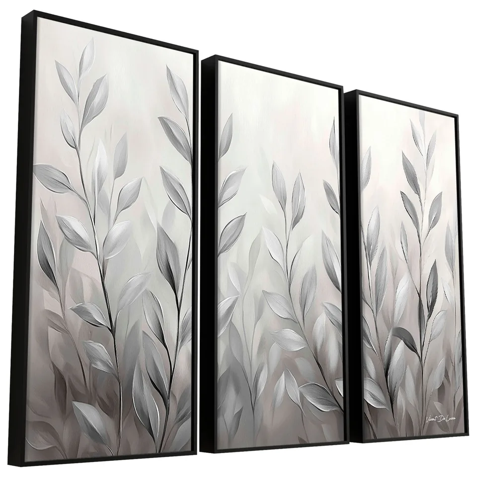 Quadro Abstrato Folhas de Prata 3 Peças