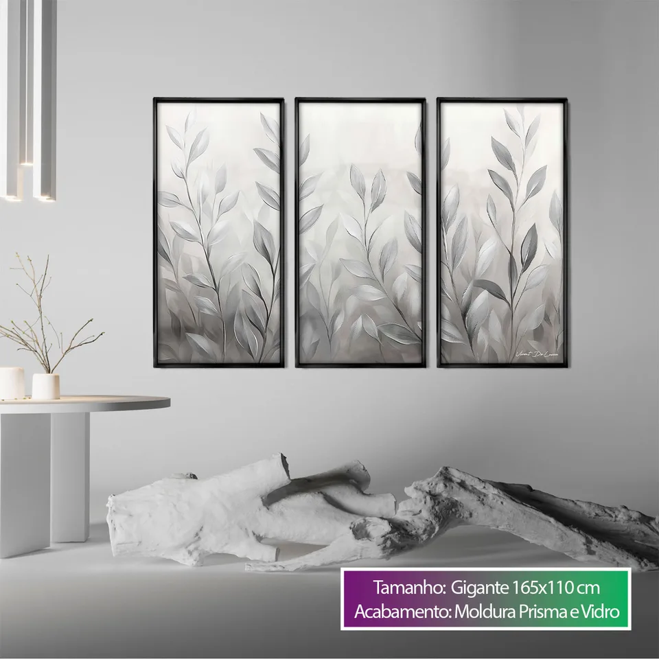 Quadro Abstrato Folhas de Prata 3 Peças, de Vicent de Lucca — foto 2
