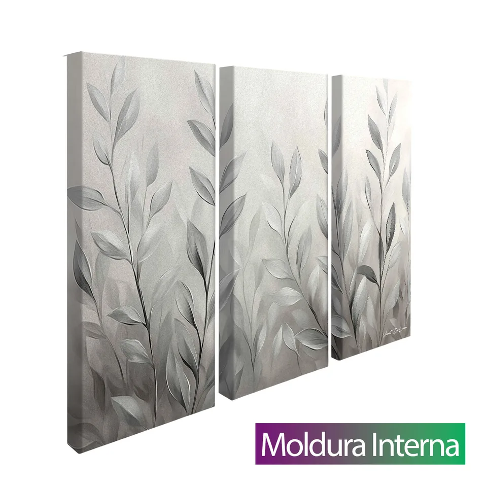 Quadro Abstrato Folhas de Prata 3 Peças com moldura interna