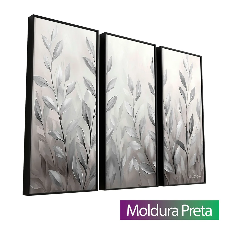 Quadro Abstrato Folhas de Prata 3 Peças com moldura de filete preta