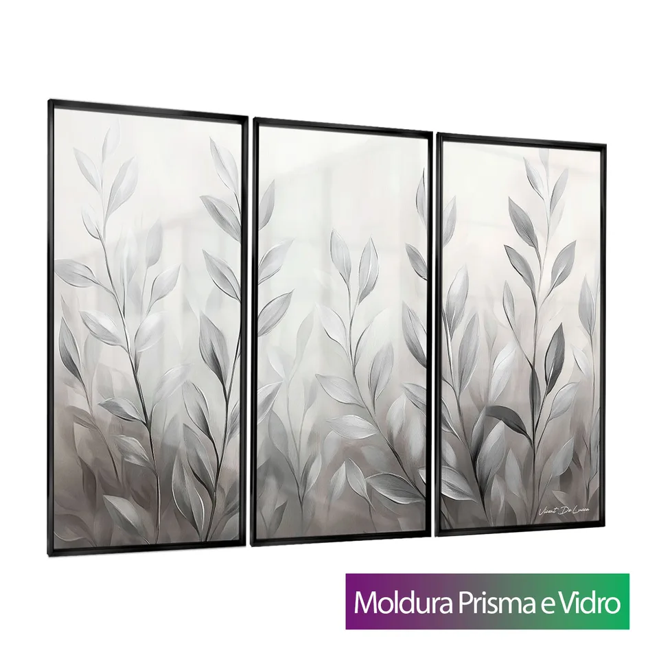 Quadro Abstrato Folhas de Prata 3 Peças com moldura Prisma e vidro