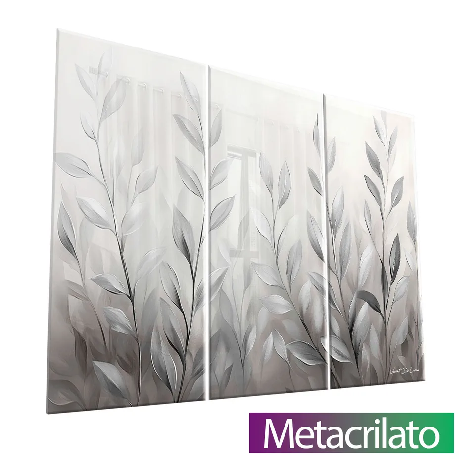 Quadro Abstrato Folhas de Prata 3 Peças com acabamento em metacrilato