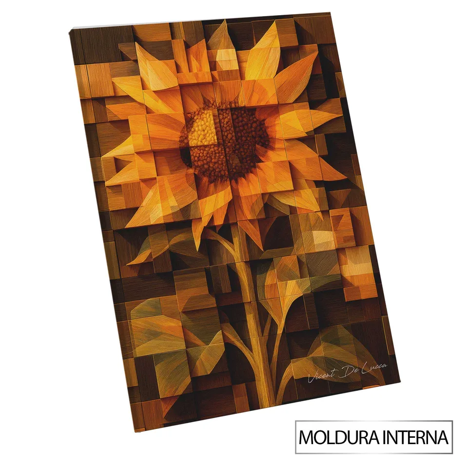 Quadro Abstrato Girassol Amadeirado com moldura interna
