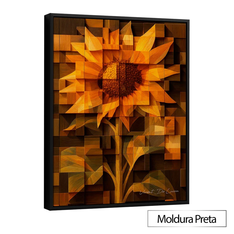 Quadro Abstrato Girassol Amadeirado com moldura de filete preta