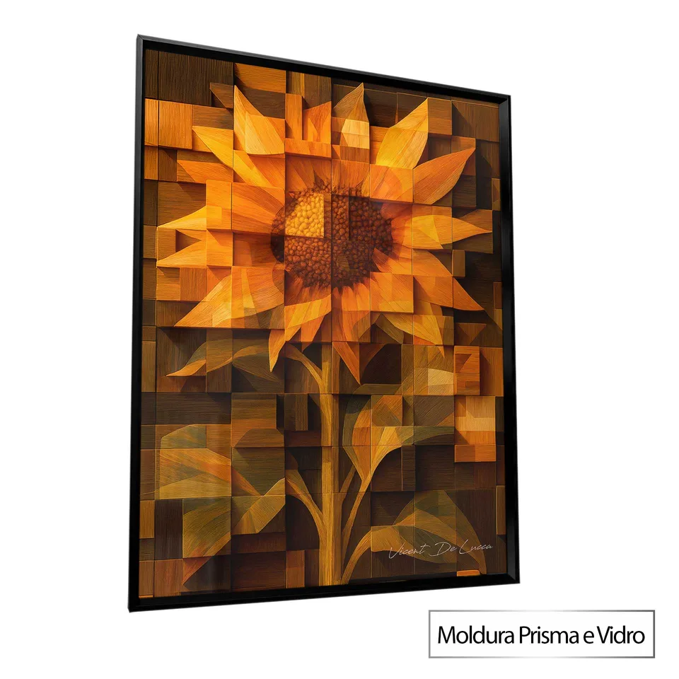 Quadro Abstrato Girassol Amadeirado com moldura Prisma e vidro