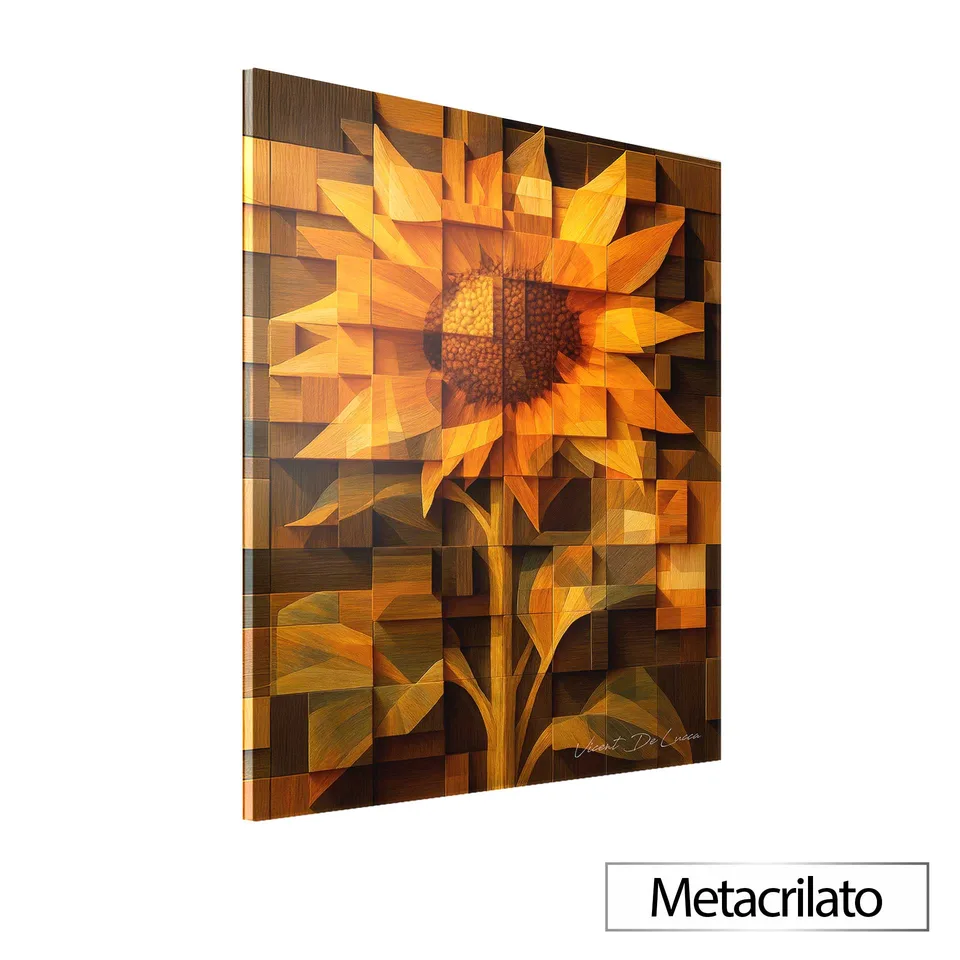 Quadro Abstrato Girassol Amadeirado com acabamento em metacrilato