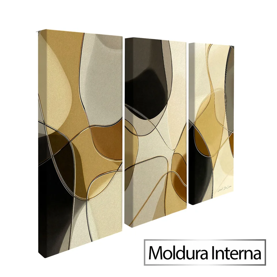 Quadro Abstrato Linhas Contínuas 3 Peças com moldura interna