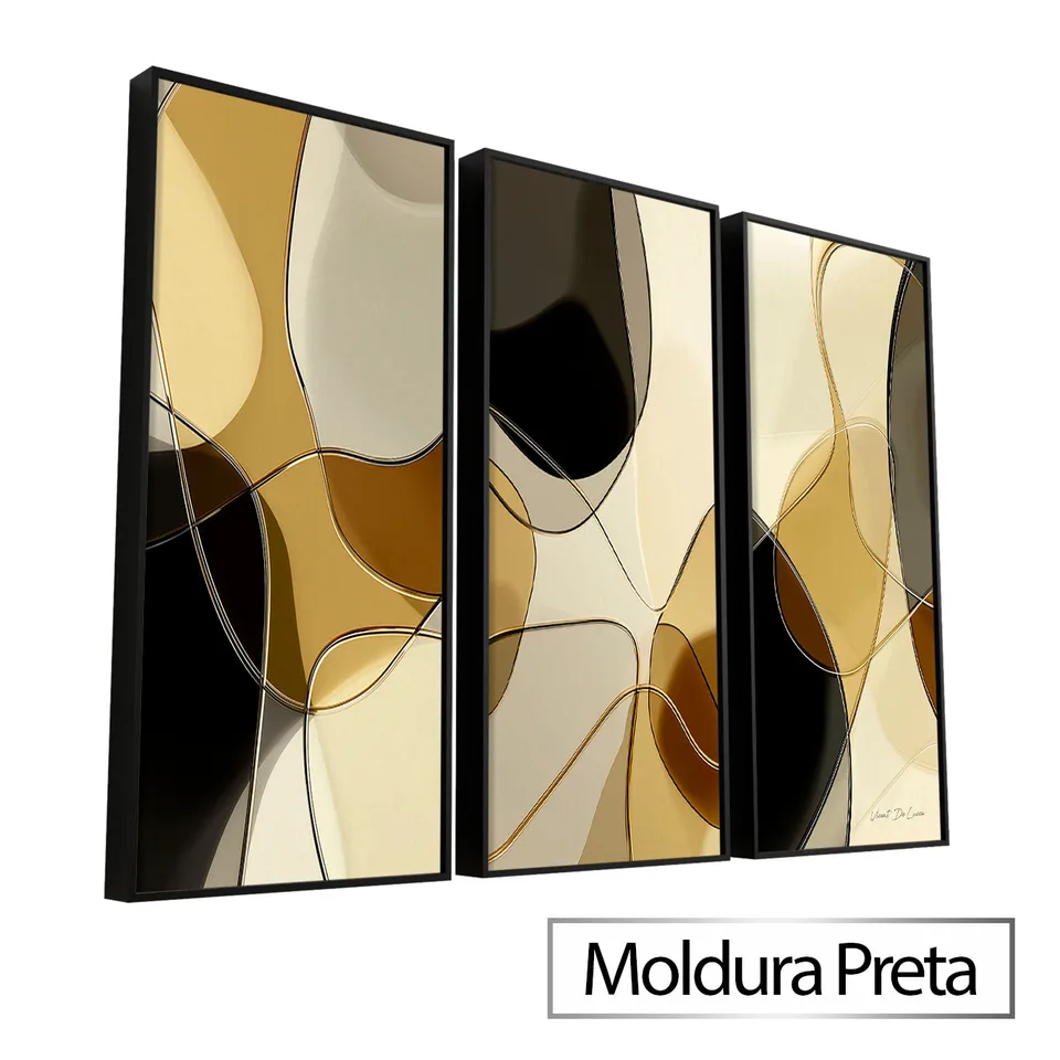 Quadro Abstrato Linhas Contínuas 3 Peças com moldura de filete preta