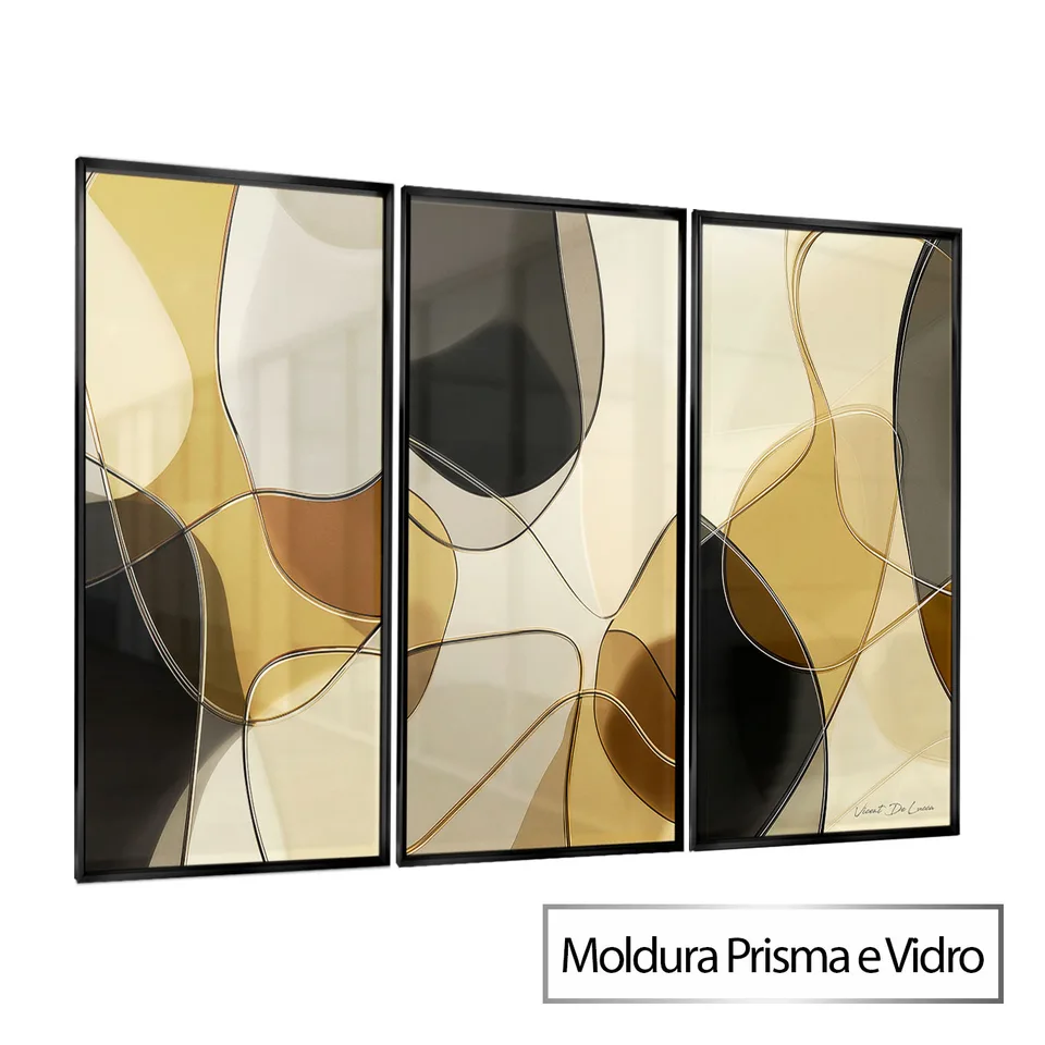 Quadro Abstrato Linhas Contínuas 3 Peças com moldura Prisma e vidro
