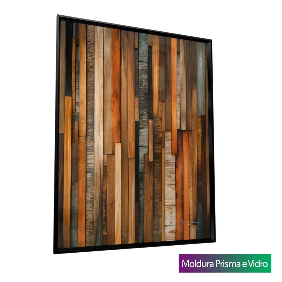 Quadro Abstrato Madeiras Rústicas com moldura Prisma e vidro