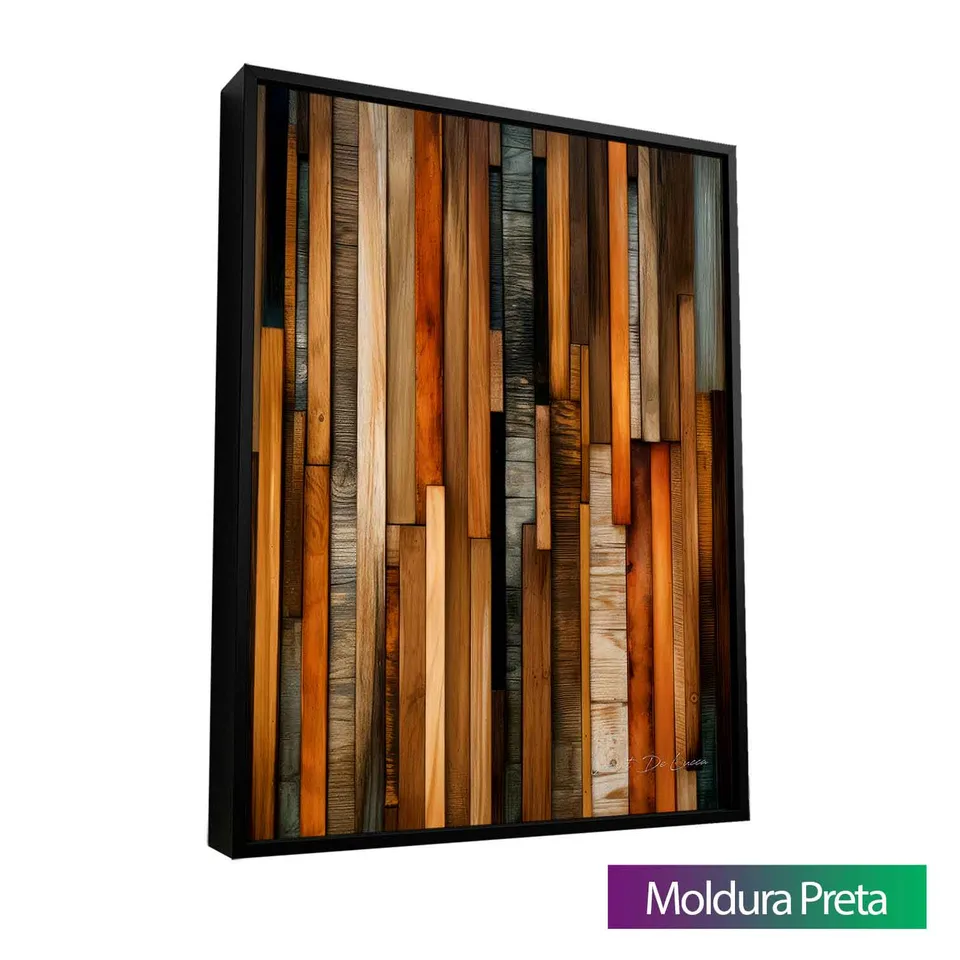 Quadro Abstrato Madeiras Rústicas com moldura de filete preta