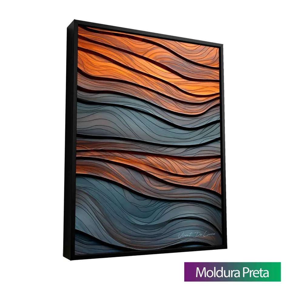 Quadro Abstrato Ondas Amadeiradas com moldura de filete preta