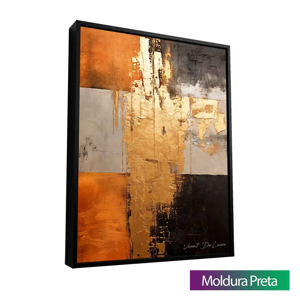 Quadro Abstrato Ouro e Ébano com moldura de filete preta