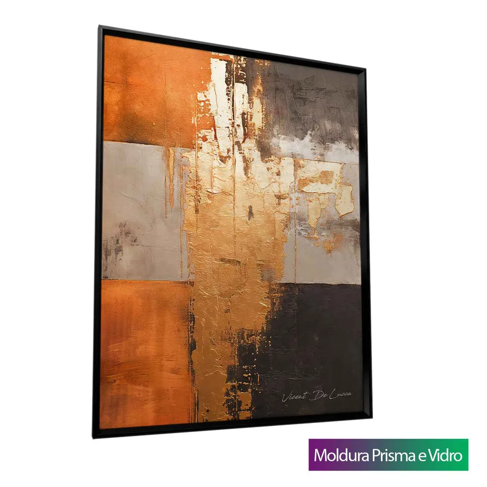 Quadro Abstrato Ouro e Ébano com moldura Prisma e vidro
