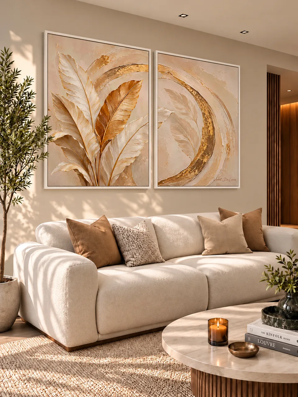 Quadro Abstrato Pinceladas e Folhas Douradas 2 Peças — foto 2