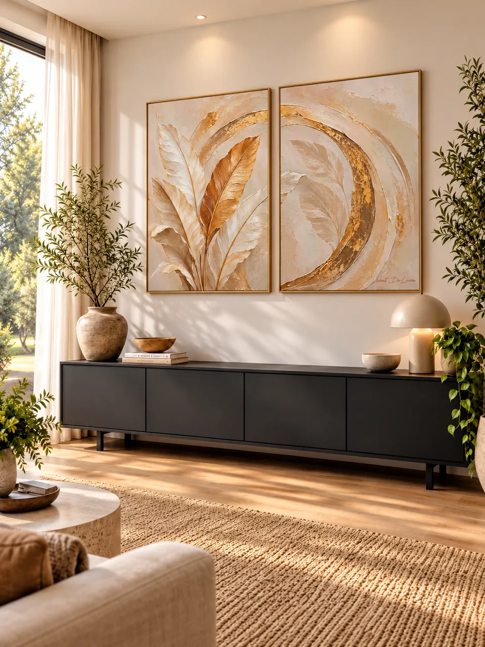 Quadro Abstrato Pinceladas e Folhas Douradas 2 Peças — foto 8