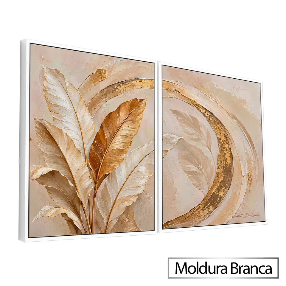 Quadro Abstrato Pinceladas e Folhas Douradas 2 Peças com moldura de filete branca
