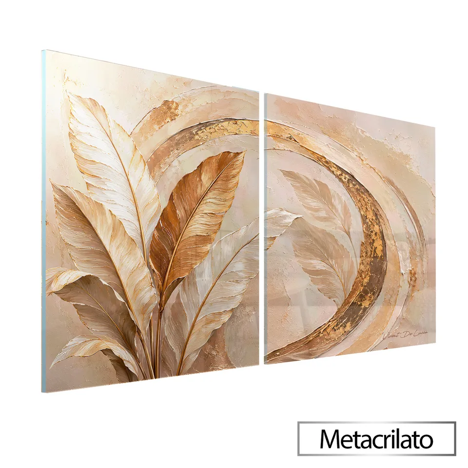 Quadro Abstrato Pinceladas e Folhas Douradas 2 Peças com acabamento em metacrilato