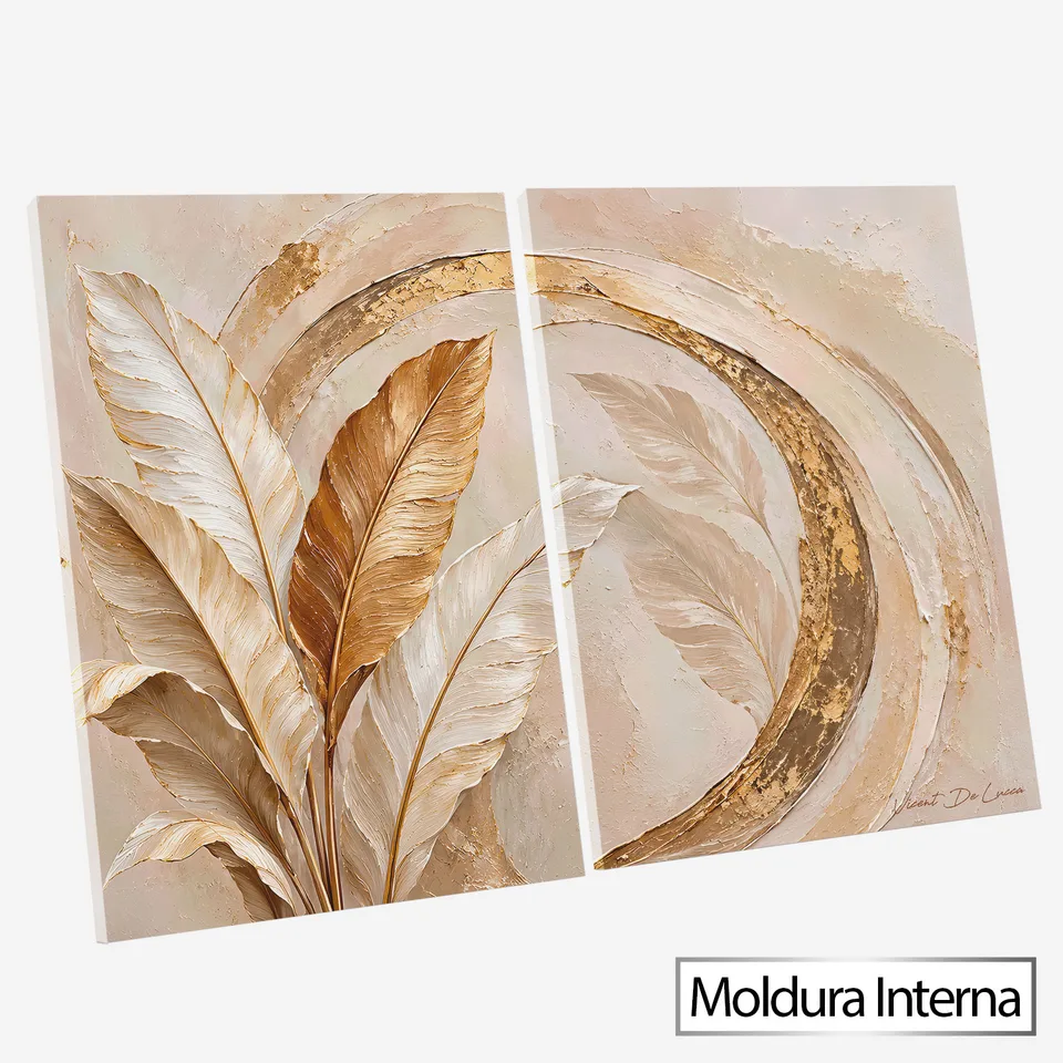 Quadro Abstrato Pinceladas e Folhas Douradas 2 Peças com moldura interna
