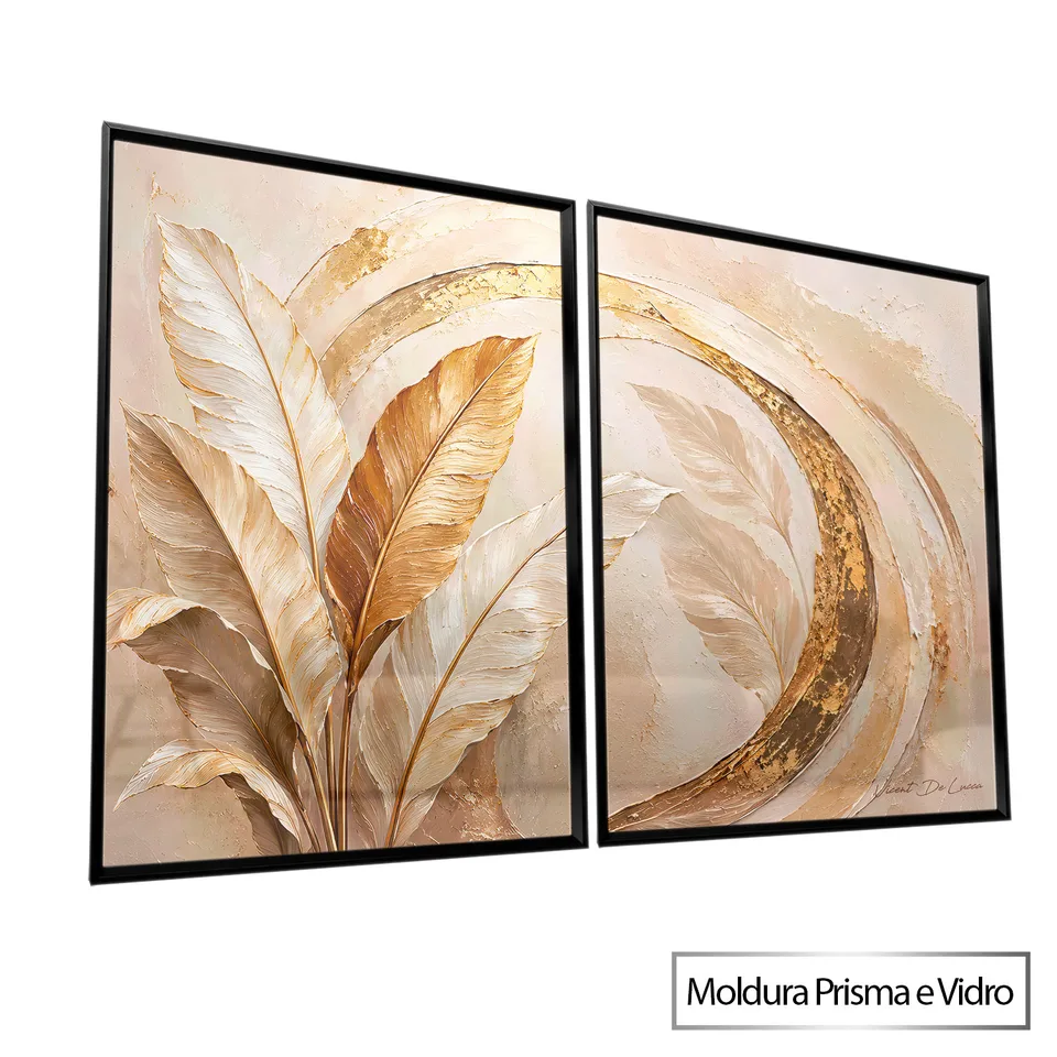 Quadro Abstrato Pinceladas e Folhas Douradas 2 Peças com moldura Prisma e vidro