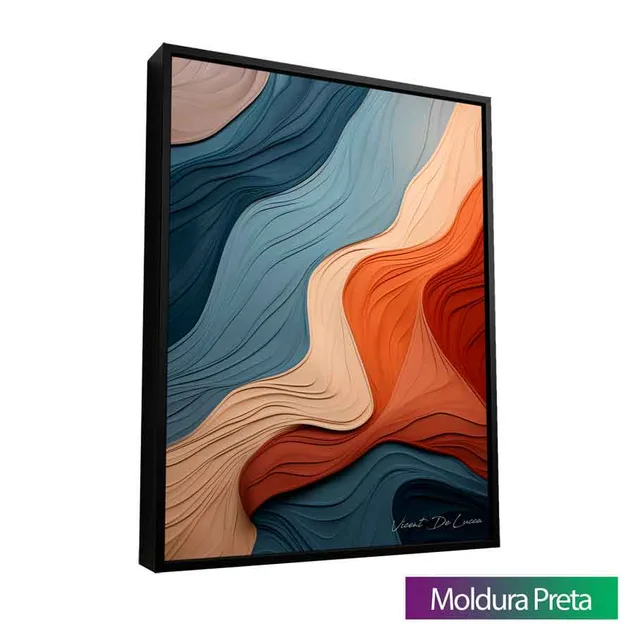 Quadro Abstrato Rio e Terra com moldura de filete preta