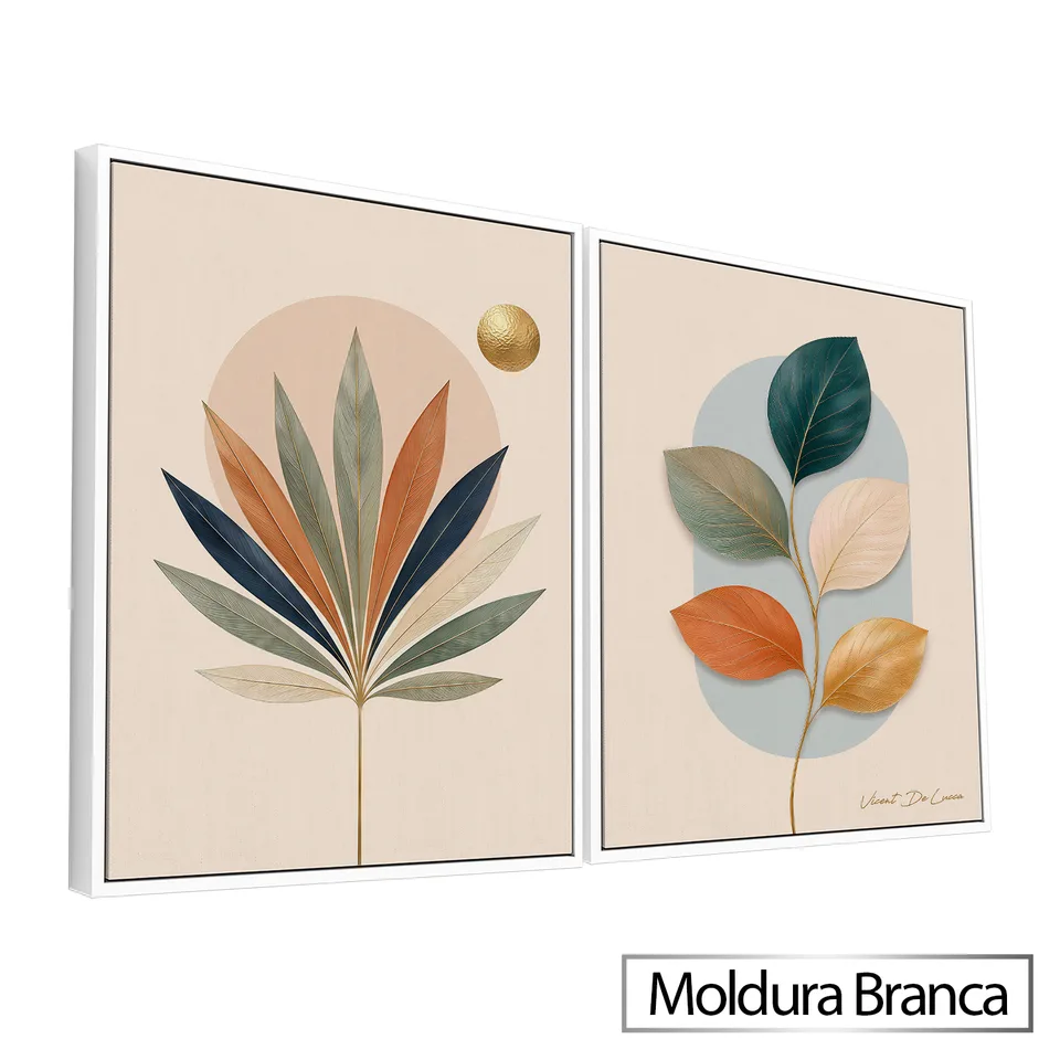 Quadro Abstrato Tropical Harmônico 2 Peças com moldura de filete branca