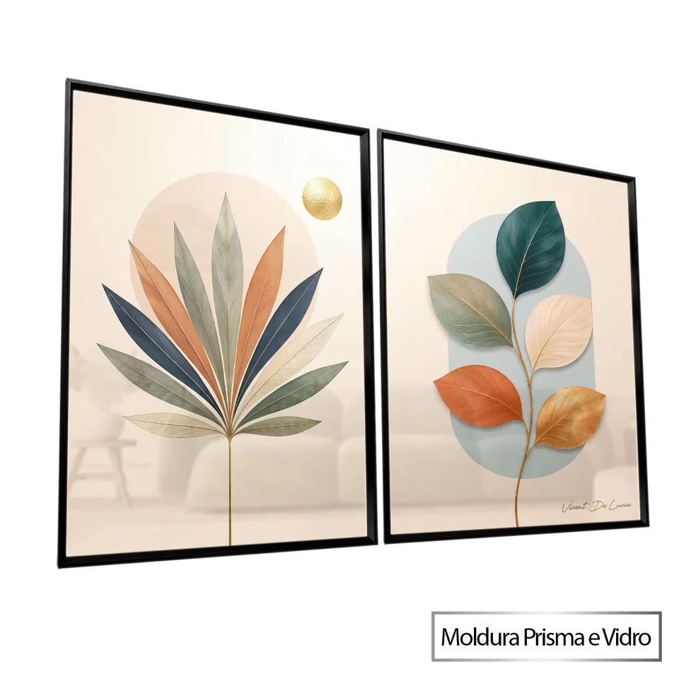 Quadro Abstrato Tropical Harmônico 2 Peças com moldura Prisma e vidro