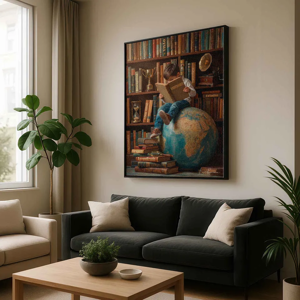 mundo conhecimento detalhe — moldura preta em sala boho verde por Le Roux